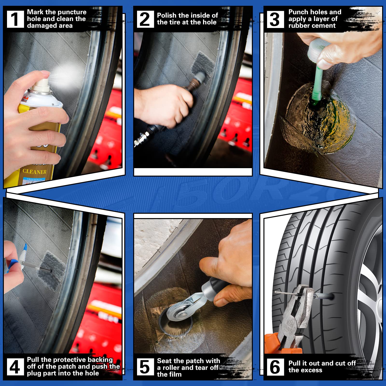 Illustrated steps used to assess and complete a tire repair